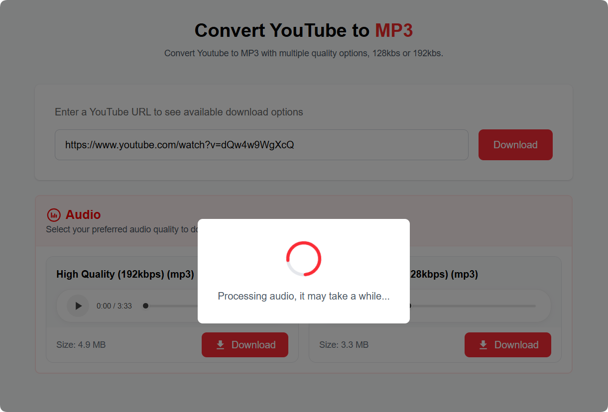 点击下载按钮转换并保存YouTube MP3文件